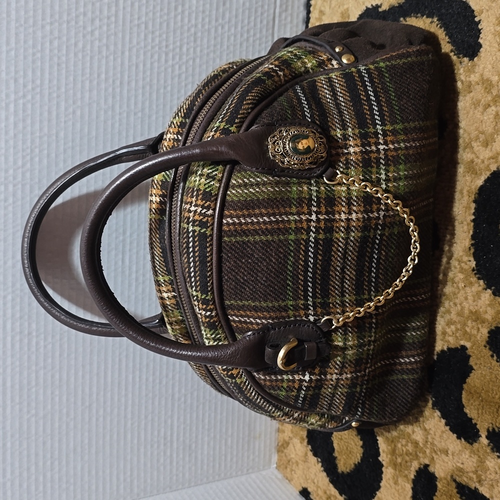 Juicy Couture Brown and Green Plaid Bowler Bag